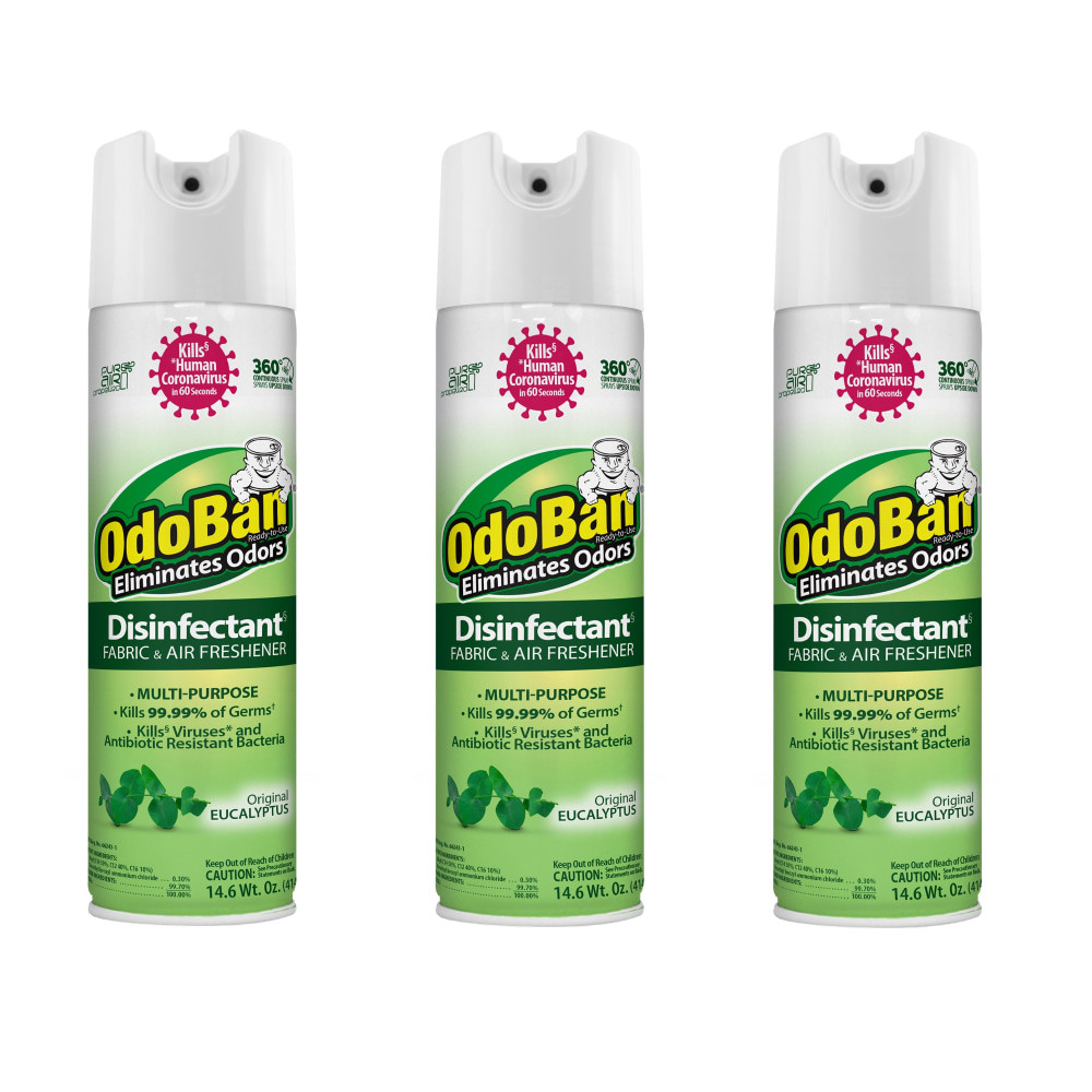 ODOBAN 91000114A3-OD  Ready-to-Use 360-Degree Continuous Spray Disinfectant Cleaner and Odor Eliminator, Original Eucalyptus Scent, 14.6 Oz, Set Of 3 Spray Cans