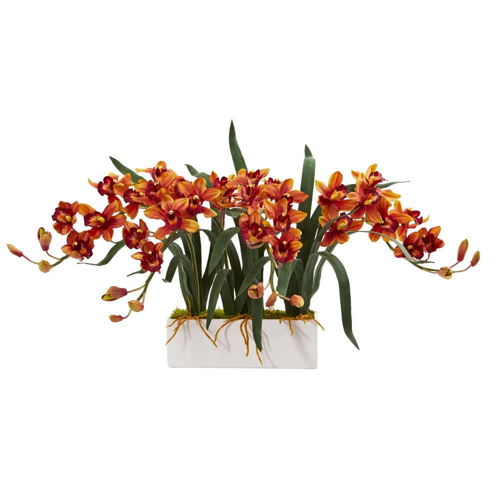 NEARLY NATURAL INC. 1563-BG Nearly Natural Cymbidium 15inH Artificial Floral Arrangement With Vase, 15inH x 35inW x 13inD, White/Burgundy