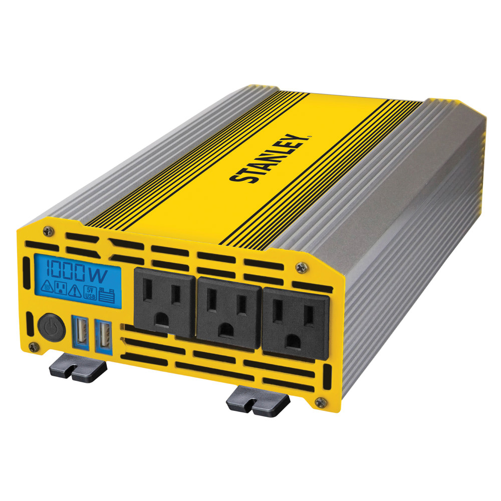 The Stanley 1,000W Power Inverter For 12V Battery is ideal for tasks at the campsite and the worksite. This power inverter provides enough heavy-duty power to run most hand tools and electronics through triple 120-volt AC outlets and dual high-output USB ports. The aluminum housing offers durability.  Converts batterys DC power to AC power.  Offers 1,000 watts of continuous AC power when connected directly to a 12-volt battery with the included battery clamps.  Triple 120-volt AC outlets and dual USB ports to power multiple devices at the same time.  Slim aluminum housing withstands wear and tear.  Backlit LCD display provides real-time operating information at a glance.  Offers short circuit, overload, thermal ground fault and high and low voltage protection.  Low voltage shutdown prevents dead batteries.  Integrated grommets allow for easy mounting and installation.  Included DC plug provides up to 120 watts through your vehicles 12-volt DC outlet.  Backed by the manufacturer"s 1-year limited warranty.  Measures 12inH x 11-1/2inW x 6-5/16inD.
