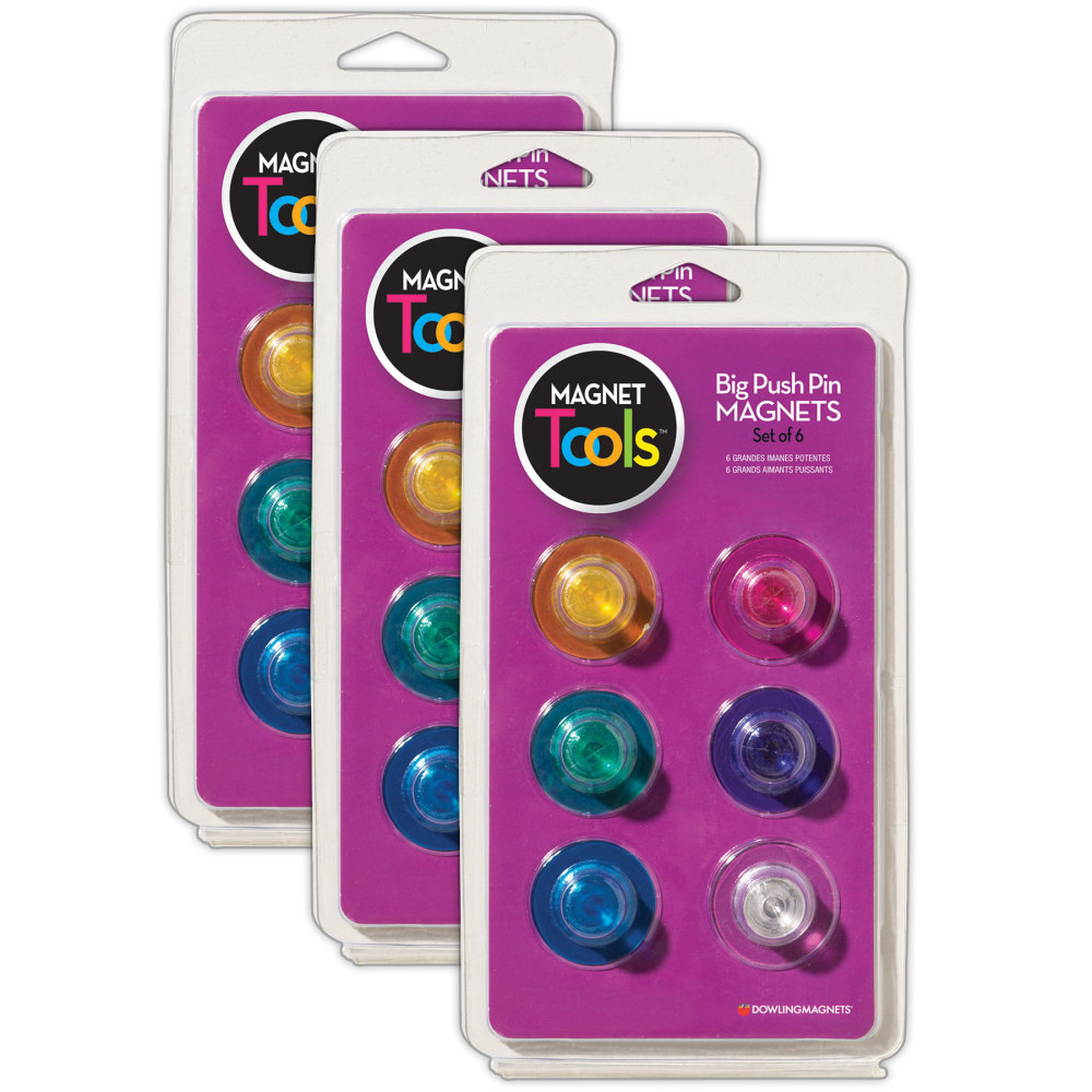 EDUCATORS RESOURCE DO-735021-3 Dowling Magnets Magnet Tools Big Push Pin Magnets, 6 Magnets Per Pack, Set Of 3 Packs