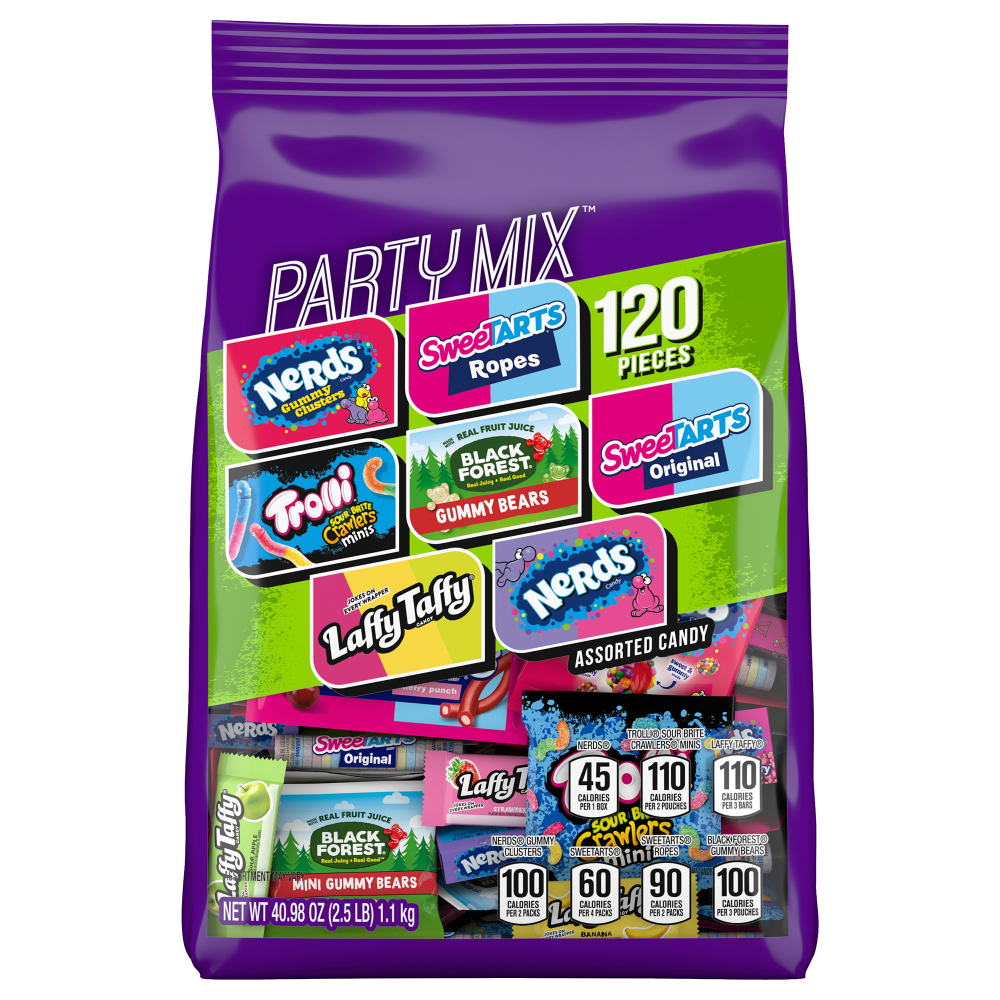 The Nerds, Trolli, Laffy Taffy & More Party Mix Stand Up Bag is ideal for parties and more. This candy mix includes 120 pieces of assorted candy in sweet and sour flavors, including Sweetarts, Trolli and more.  Party mix includes 120 pieces of assorted candy in sweet and sour flavors.  Includes candy from Gummys, Sweetarts, Trolli, Laffy Taffy and Black Forest.  Small sized stand up bag allows for a quick treat anytime, anywhere.  Cholesterol free.