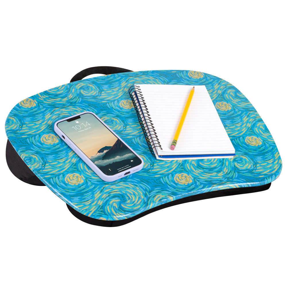 You will love the stylish art on this MyStyle print lap desk. Whether you are using your laptop to do work or surf the web, make sure you are doing it in both style and comfort.  Fits most laptops up to 15.6in.  Pillow cushion ensures comfort during extended periods of laptop use.  Smooth surface promotes ventilation.  Lightweight design and reinforced handle for easy transport.  Stylish surface art with custom fabrics ensures your unique personality shines through.