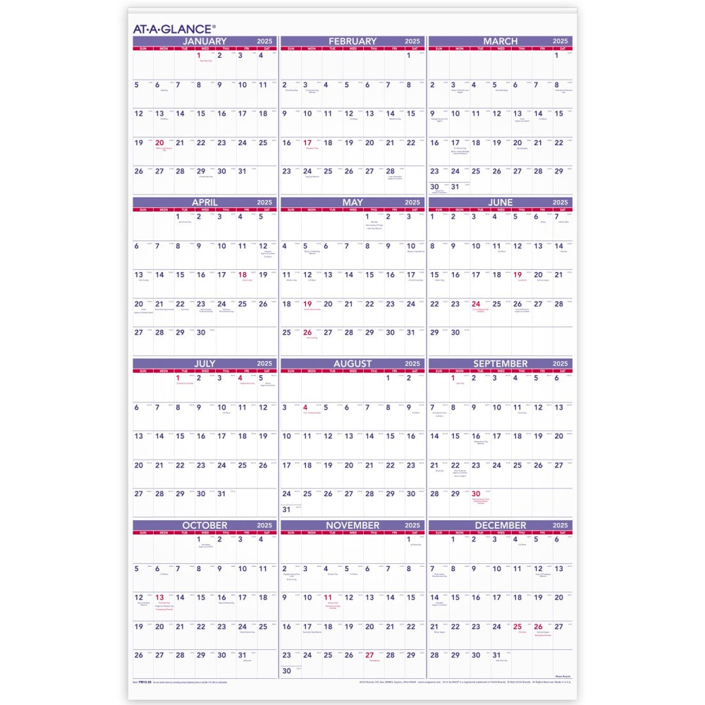 ACCO BRANDS USA, LLC PM122825 2025 AT-A-GLANCE Yearly Wall Calendar, 24in x 36in, Traditional, January 2025 To December 2025, PM1228