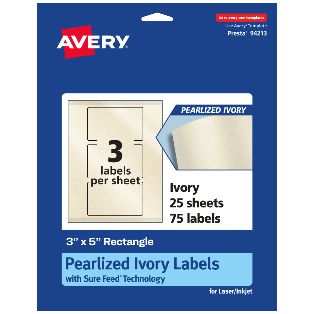 AVERY PRODUCTS CORPORATION 94213-PIP25 Avery Pearlized Permanent Labels With Sure Feed, 94213-PIP25, Rectangle, 3in x 5in, Ivory, Pack Of 75 Labels
