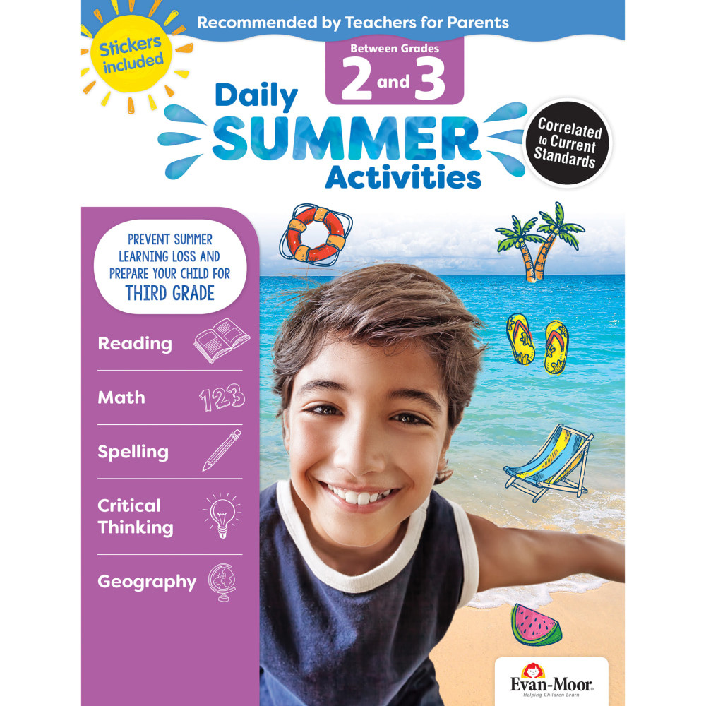 Help your little one prepare for the next school year with the Evan-Moor Daily Summer Activities Book. This book features plenty of engaging lessons that help children prepare for their next grade level.  Offers 10 weeks of daily lessons to help students transition between grade levels.  Exciting activities help children learn essential skills in a fun way.  Offers activities in the fields of reading, writing, spelling, math and geography. Helps children work on reading comprehension, adding and subtracting, word problems, parts of sentences, reading simple maps and more.
