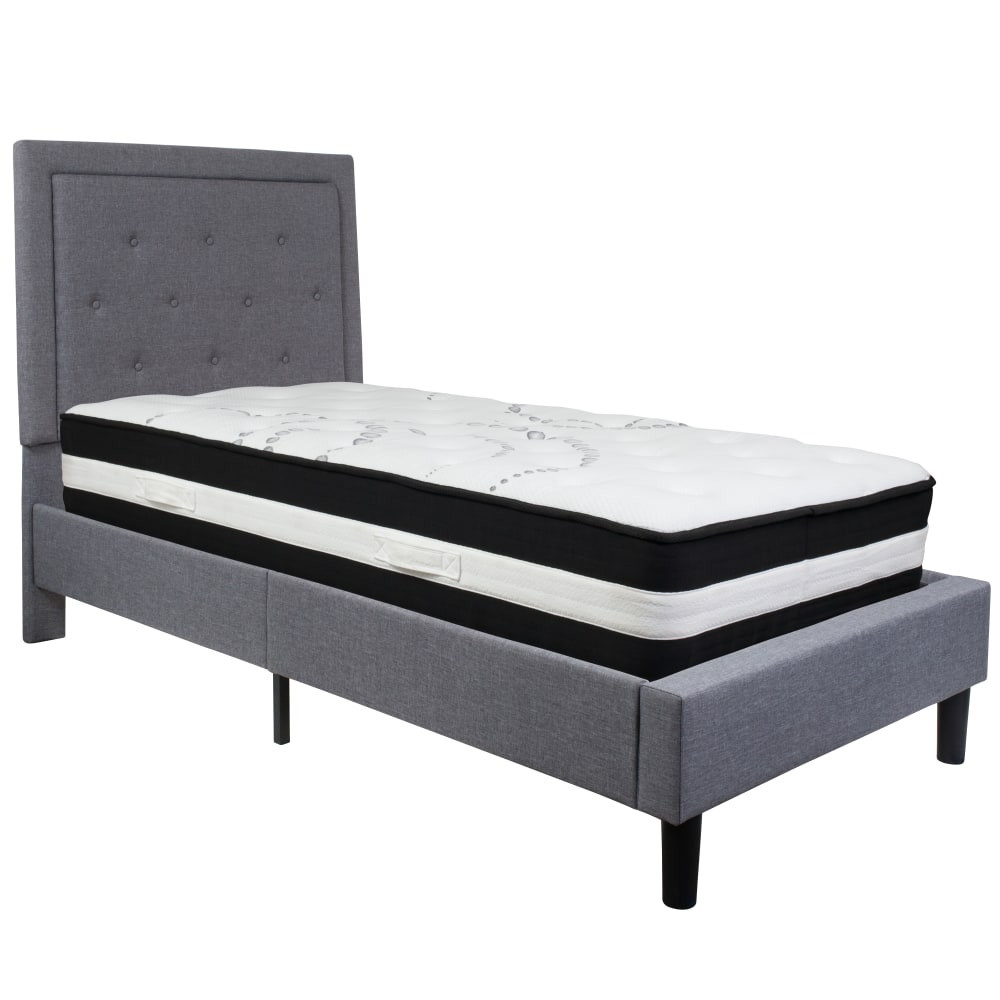 FLASH FURNITURE SLBM25  Roxbury Panel Tufted Upholstered Platform Bed and Pocket Spring Mattress, Twin, 51inH x 44-1/2inW x 81inL, Light Gray