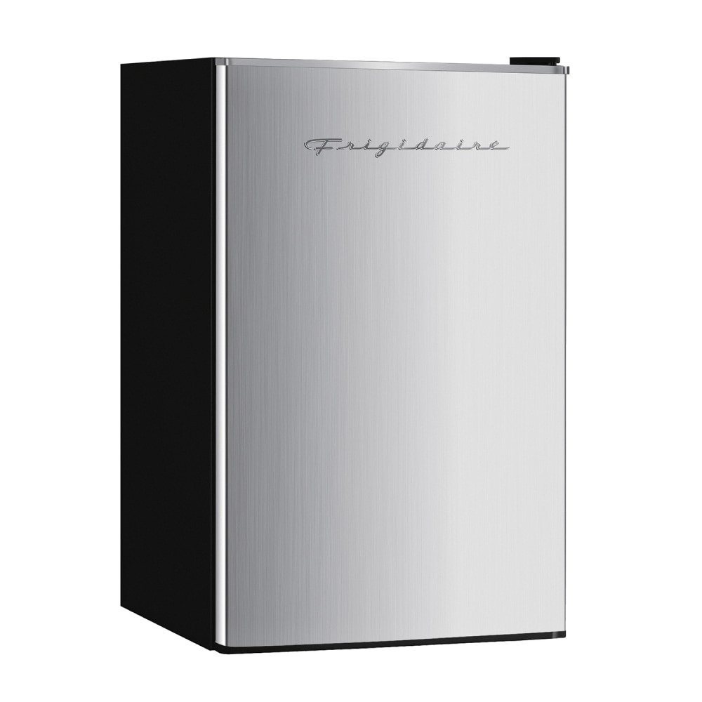 The Frigidaire Retro 3.2 cu ft Compact Refrigerator with Freezer is small enough to fit almost anywhere. This mini fridge is made of durable metal and has an in-door dairy rack and slide-out shelves for more storage space. The reversible door accommodates right- or left-handed use.  Mini fridge made of durable metal.  Ample 3.2 cu ft fresh food capacity provides space for groceries.  Interior accommodates 2-L and tall bottles for convenience.  In-door dairy rack.  Slide-out shelves offer more storage.  Ice cube chamber.  Adjustable temperature control lets you choose right temperature for your food.  Space-saving flush-back design.  Adjustable leveling legs help keep refrigerator stable on uneven floors.  Reversible door accommodates right- or left-handed use.  Invisible door handle.  Chrome trim offers a retro look.  Includes an ice cube tray.  Backed by the manufacturer's 1-year limited warranty.  Measures 32-3/4inH x 18-15/16inW x 17-3/4inD.