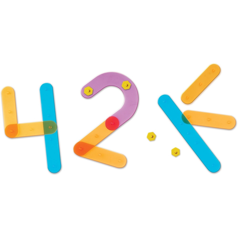 Building numbers is a snap with this set of color-coded pieces that help children construct numbers 0-9 while strengthening fine-motor skills. Kids can also take it further by snapping in the corresponding quantity of bolts for each number. The set includes 50 pieces, including 30 lines and curves, 20 bolts, 5 double-sided activity cards, and a guide, making it perfect for both home and classroom use.  Includes 30 lines and curves and 20 bolts  Perfect for use at home or in the classroom  5 double-sided activity cards with step-by-step directions and activities  Ideal for ages 4 and up