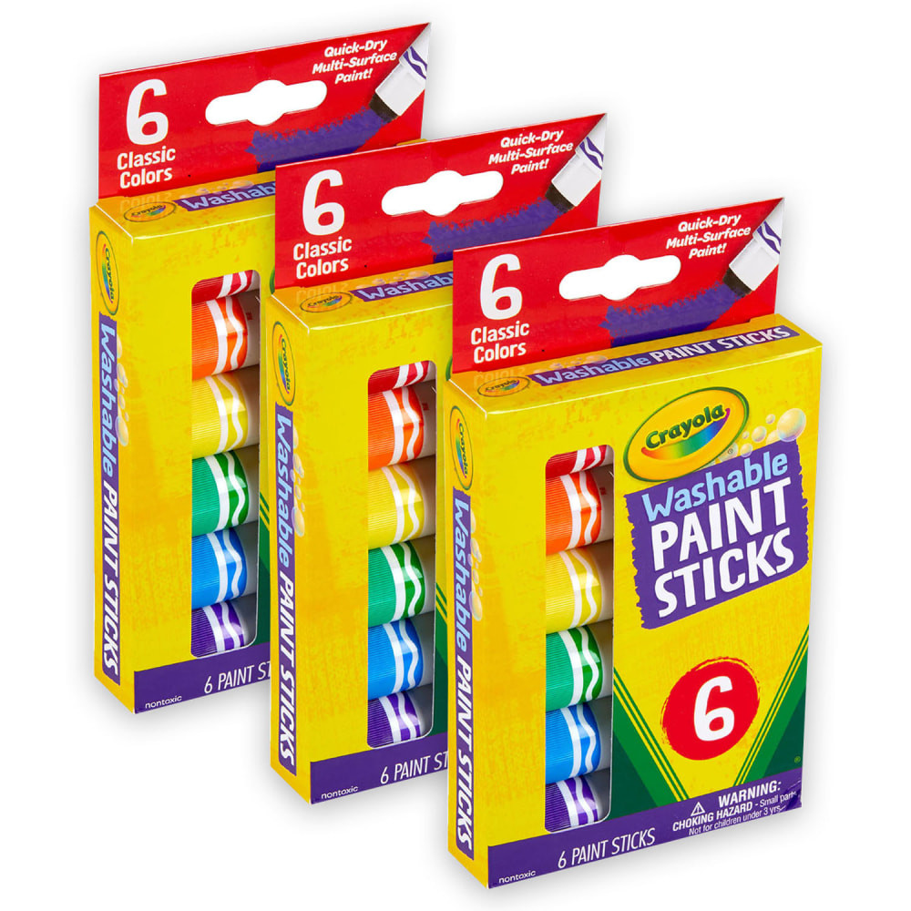 EDUCATORS RESOURCE BIN546207-3 Crayola Washable Paint Sticks, 8 mL, Assorted, Pack Of 6 Paints, Set Of 3 Packs