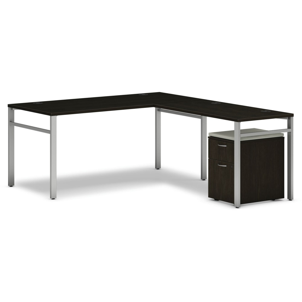 HON HONMOD091  Mod 66inW L-Station Table Writing Desk With Mobile Pedestal, Java Oak/Silver/Cool Neutral