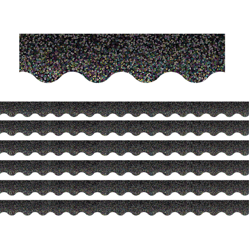 Create a unique bulletin board theme with the Teacher Created Resources Scalloped Border Trim Pack. These vibrant border trim strips are made of acid-free paper and help liven up your classroom.  Scalloped border trim helps liven up any classroom.  Made of acid-free paper.  Creates themes for bulletin boards, walls, windows and projects.  Each black sparkle pack includes 12 strips for a total of 35ft.
