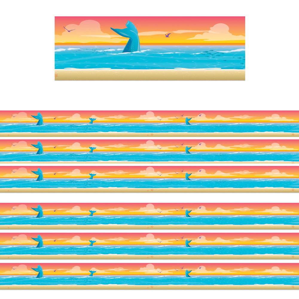 Add a decorative touch almost anywhere with the Eureka Extra Wide Deco Trim Packs. These extra wide acid-free paper strips can be used as borders on bulletin boards, doors and more.  Made of acid-free paper.  Extra wide design.  Helps liven up your classroom, bulletin boards and more.  Design features ocean vibes and marine life imagery.