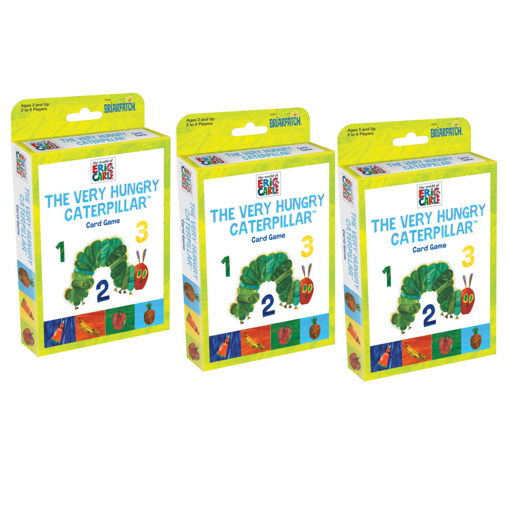 In this card game, kids help The Very Hungry Caterpillar transform into a butterfly by eating through the days of the week. As they play, children practice counting and enjoy the colorful artwork from the World of Eric Carle. Each game includes 56 cards and is sold as a pack of 3 identical games.  Helps transform The Very Hungry Caterpillar into a butterfly  2-4 players  Develops counting skills  Ages 3 & up  Features characters from the Eric Carle card game series  Sold as a pack of 3 identical games, 56 cards per game