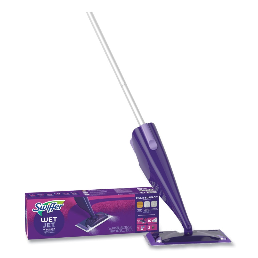 Swiffer WetJet gives you a great clean on virtually any floor. With a unique dual-nozzle sprayer, this all-in-one mopping system breaks up and dissolves tough messes for a powerful clean. Its cleaning solution loosens dirt and lifts it off the floor, pulling dirt and grime into the WetJet pad and locking it away for good.  Easily powers through dried-on dirt and grime.  Solution formula loosens dirt and lifts it off the floor.  Power pad absorbs dirt and traps it deep in its core.  With its unique dual-nozzle sprayer, this all-in-one mopping system traps dirt that can be spread around.  Strong-grip pole with flexible swivel head.  For use on glossy ceramic tile, hardwood and laminate floors.