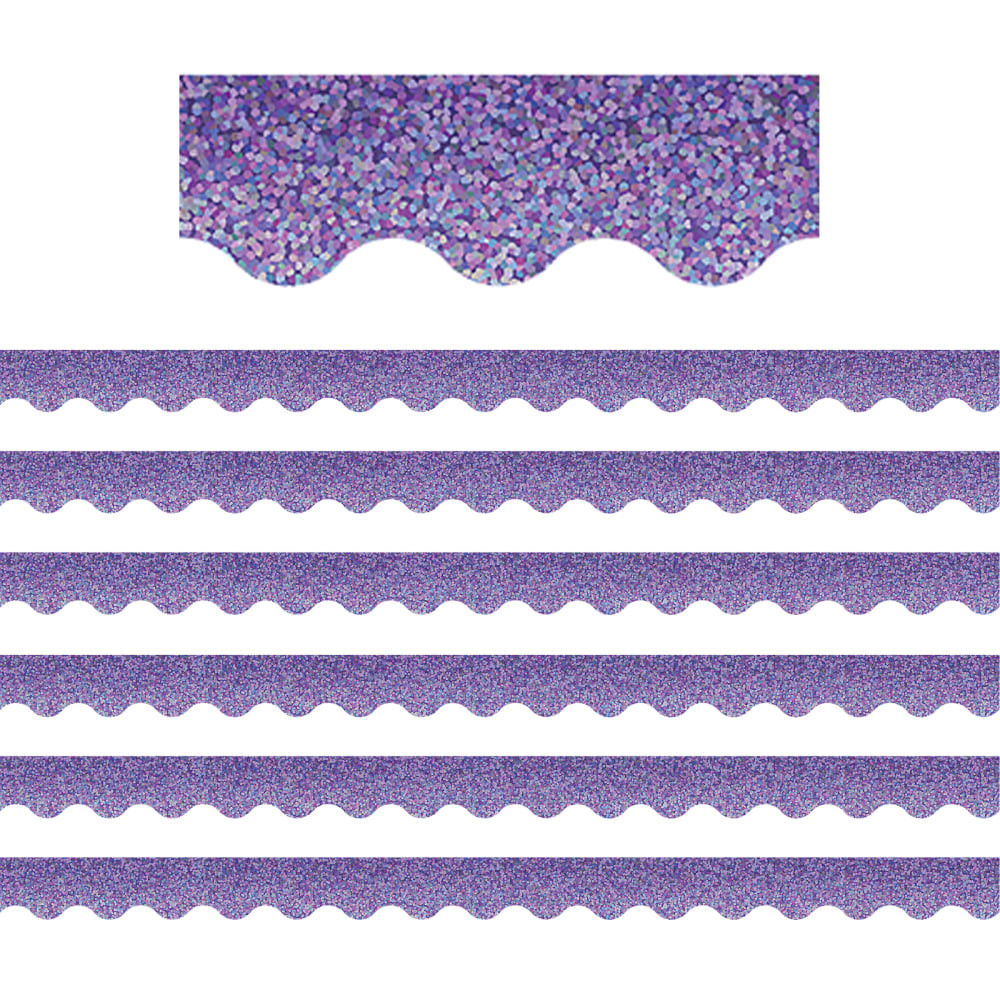 Create a unique bulletin board theme with the Teacher Created Resources Scalloped Border Trim Pack. These vibrant border trim strips are made of acid-free paper and help liven up your classroom.  Scalloped border trim helps liven up any classroom.  Made of acid-free paper.  Creates themes for bulletin boards, walls, windows and projects.  Each purple sparkle pack includes 12 strips for a total of 35ft.