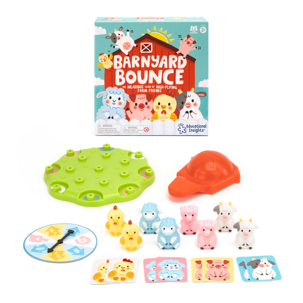 Launch into learning with Barnyard Bounce, a barnyard-themed memory and matching game full of giggles and surprises! Featuring adorable animal characters and a fun air-powered launcher, this game helps kids practice early matching skills, build focus, and improve fine motor coordination. Designed for engaging playtime, it's perfect for developing key skills while having fun together.  High-flying gameplay with a surprise air-powered launcher  Builds memory, focus, matching (an early math skill!), and fine motor skills  Players pick an animal card and launch animals to match their card  First to fill their card with matching animals wins the round  Includes a barnyard board, 8 animals, 4 pattern cards, and an air-powered launcher  Designed for engaging, skill-building fun with an educational twist