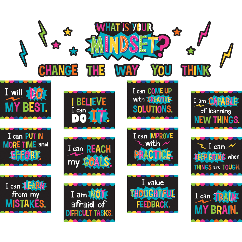 Stress the power of positivity with this Teacher Created Resources What Is Your Mindset? Bulletin Board Set. The set comes with 12 posters and accent pieces to help youngsters gain confidence and grow.  12 posters offer positive messages to help students succeed.  Posters measure 12in x 9in, and the "What is Your Mindset?" header piece measures 20in x 9-1/4in.  Comes with 28 total pieces.