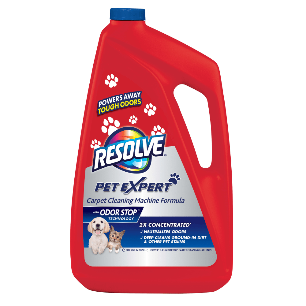 Stop offensive odors in their tracks with Resolve Large Area Pet Carpet Cleaner Machine Solution 60 oz. This deep cleaning product uses a 2x concentrated formula to eliminate pet and other odors and works with a variety of carpet cleaning machines. Resolve Pet Expert Carpet Steam Cleaner Solution is safe to use around kids & pets, and its more powerful than ever. This pet carpet cleaner removes tough pet stains like urine, vomit and feces from rugs & carpets. Patented Odor Stop Technology eliminates pet odors. This pet odor eliminators low foaming action is specially formulated to make carpet cleaning easier.  Removes tough pet stains like urine, vomit and feces from rugs & carpets.  Patented Odor Stop Technology eliminates pet odors.  Low foaming action is specially formulated to make carpet cleaning easier.  Specifically formulated with pet owners in mind.  Great for: Ground-in dirt removal