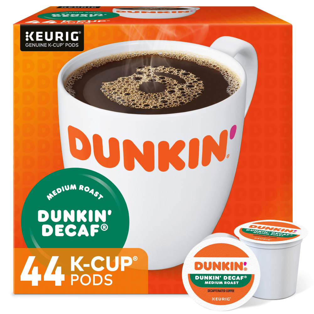 Whether you are on an afternoon cup at work or curling up with a relaxing book during a weekend evening, nothing warms you like a cup of coffee. With Dunkin Donuts pods of coffee, you can get the flavor you love without the jolt of caffeine.  Dunkin Donuts decaf coffee is a decaffeinated version of Dunkin Donuts delicious original.  Decaffeinated coffee K-Cup Pods have a built-in coffee filter - no measuring and no mess.  Dunkin Donuts K-Cups are designed for single-cup brewing systems.  Coffee pods contain 0.4 oz of coffee each and come in a box of 16.  Dunkin Donuts is not affiliated with Keurig or K-Cup. K-Cup is a registered trademark of Keurig Incorporated.  Formulated with 100% Arabica coffee beans for a bold taste.