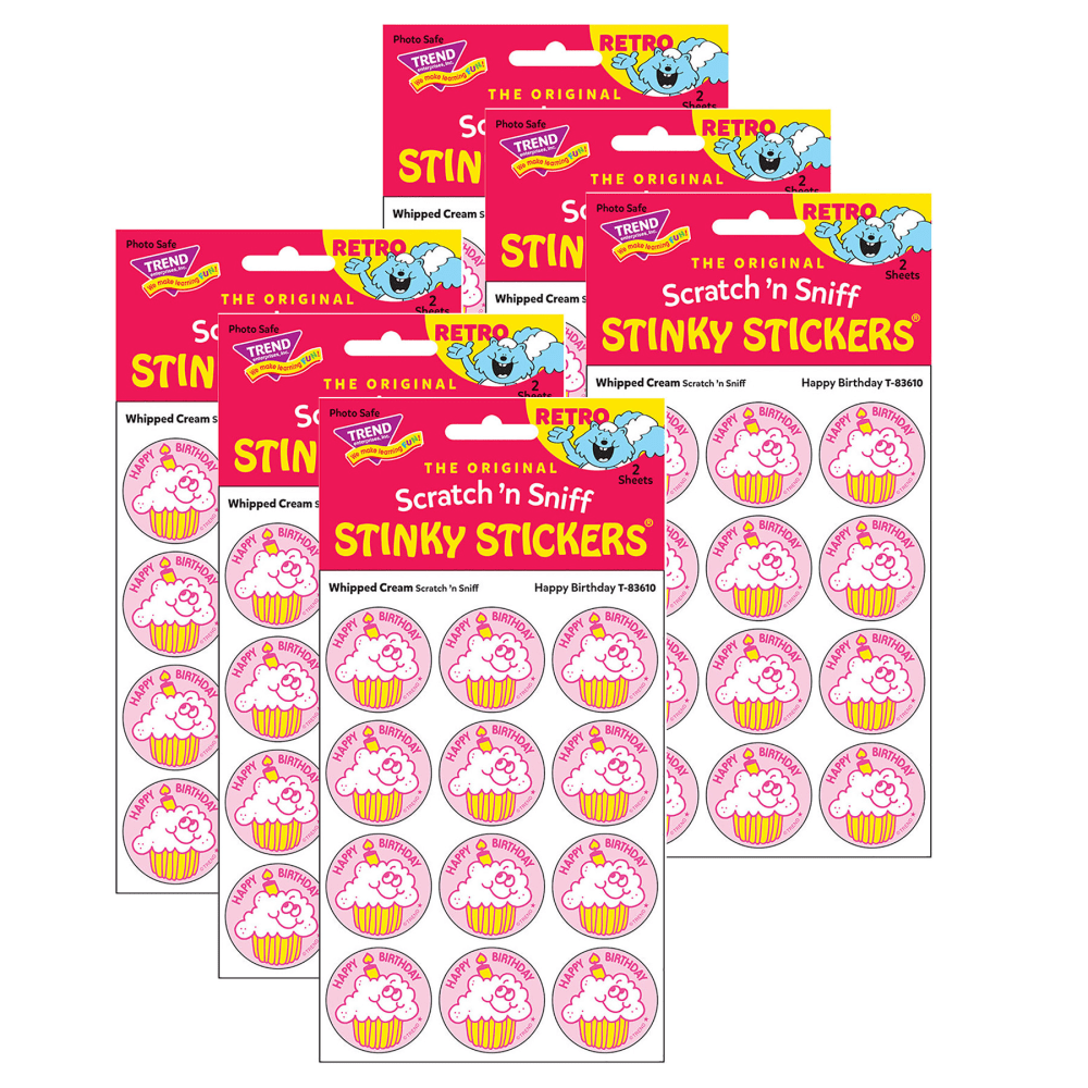 TREND ENTERPRISES INC T-83610-6 Trend Retro Scratch N Sniff Stinky Stickers, Happy Birthday/Whipped Cream, 24 Stickers Per Pack, Set Of 6 Packs