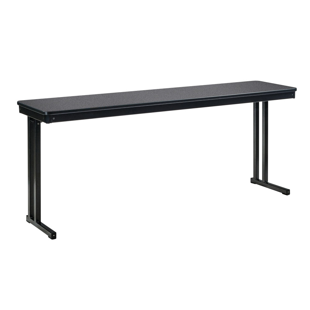 Get the cafeteria ready for the company luncheon with the National Public Seating Max Seating Folding Table. The 16-gauge C-channel frame features textured powder coating for durability, while the MDF HPL top has a protective edge to help prevent accidental marks. The legs are place at each corner of the table for maximum seating.  Durable 16-gauge C-channel frame with textured powder coating.  MDF HPL top with a protective edge.  Corner legs for max seating.  Secure leg clips.  Auto-Engage locking mechanism.  Boasts 16-gauge steel joining plates with 14-gauge square leg tubing.  Backed by the manufacturer's 10-year limited warranty.  Simple, professional design.  This product is heavy and/or oversized and may need more than one person to handle.