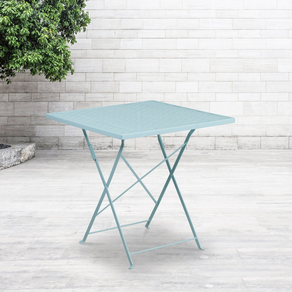 FLASH FURNITURE CO1SKY  Oia Commercial Grade 28in Square Indoor-Outdoor Steel Folding Patio Table, 28inH x 28inW x 28inD, Sky Blue