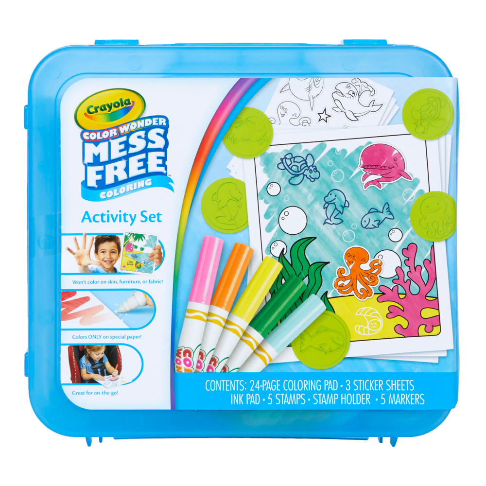 Allow childrens creativity to flourish with the Crayola Color Wonder Mess-Free Art Kit. The kit comes with special paper and markers that are designed to work together so kids wonT get color on skin or furniture.  Mess-free ink is designed for special use on Color Wonder Paper and not to color on skin, furniture or fabric.  24-page Color Wonder Coloring Pad comes with 5 ocean-themed stampers, a stamp holder, a stamp ink pad, 5 Color Wonder Markers and 3 ocean-themed sticker sheets.