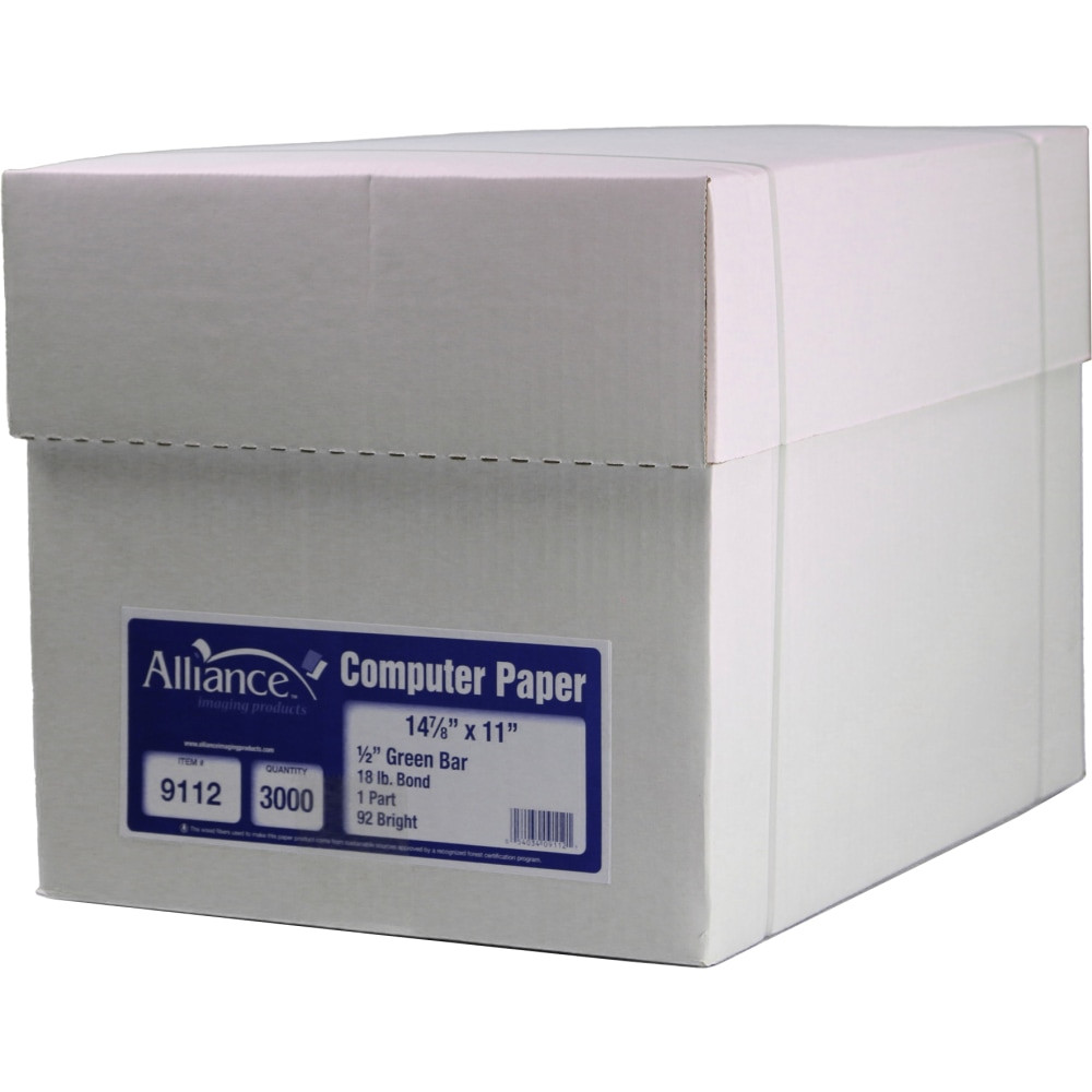 Print dynamic forms for your office with Alliance Computer Paper. Each sheet boasts 92+ brightness for stunning results.  Durable paper is designed for professional use.  Boasts 92+ brightness.  White with a 1/2in green bar.  Boasts 3,000 sheets per container.
