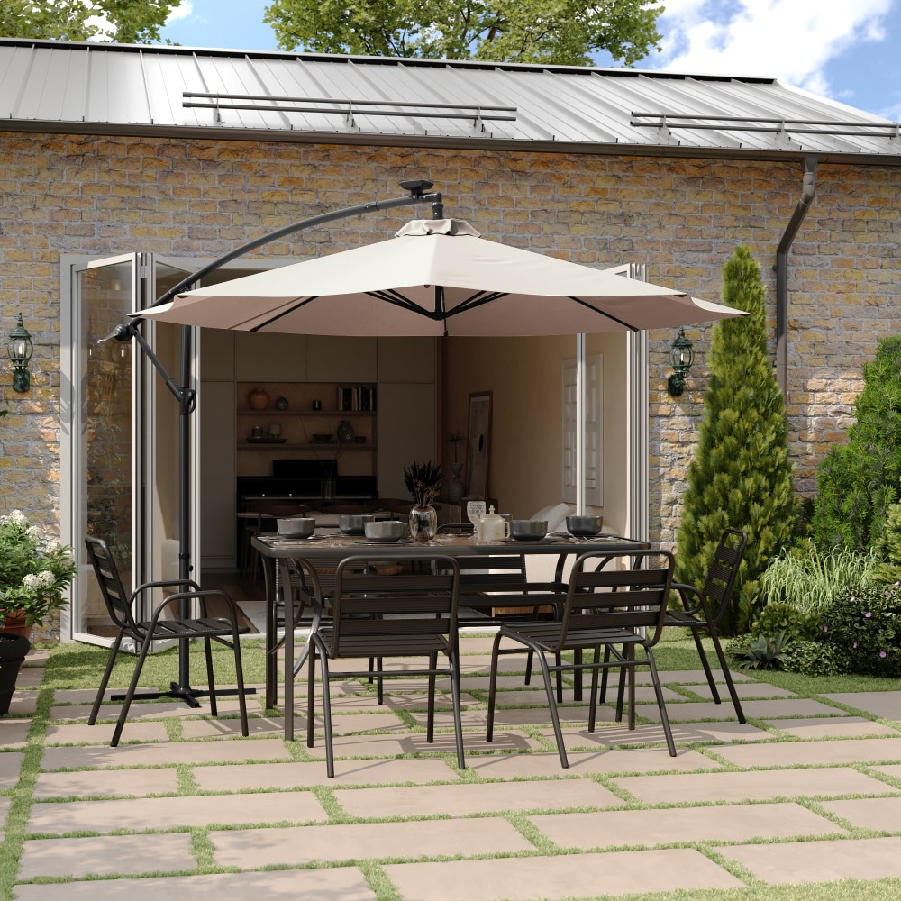 FLASH FURNITURE GMWLUU012TAN  Sedona Commercial Grade 10ft Round Solar LED Cantilever Umbrella with Easy Lift and Tilt Function, Built in Cross Base, Tan