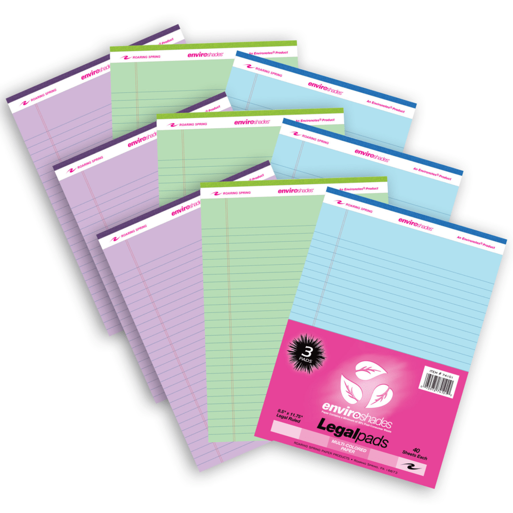 Assorted color legal pads. Smooth, 15lb writing paper has legal ruled blue lines and double red margin lines.  Sheets are micro-perforated for EZ removal.  34pt chipboard backs add stability.  Stapled and taped construction.  Full sheet size is 8.5in x 11.75in, and tear-out size is 8.5in x 11in.  40 sheets in each pad.  Each pack contains 3 pads, 1 each of purple, blue, green.  Sold as 3 packs for a total of 9 pads.