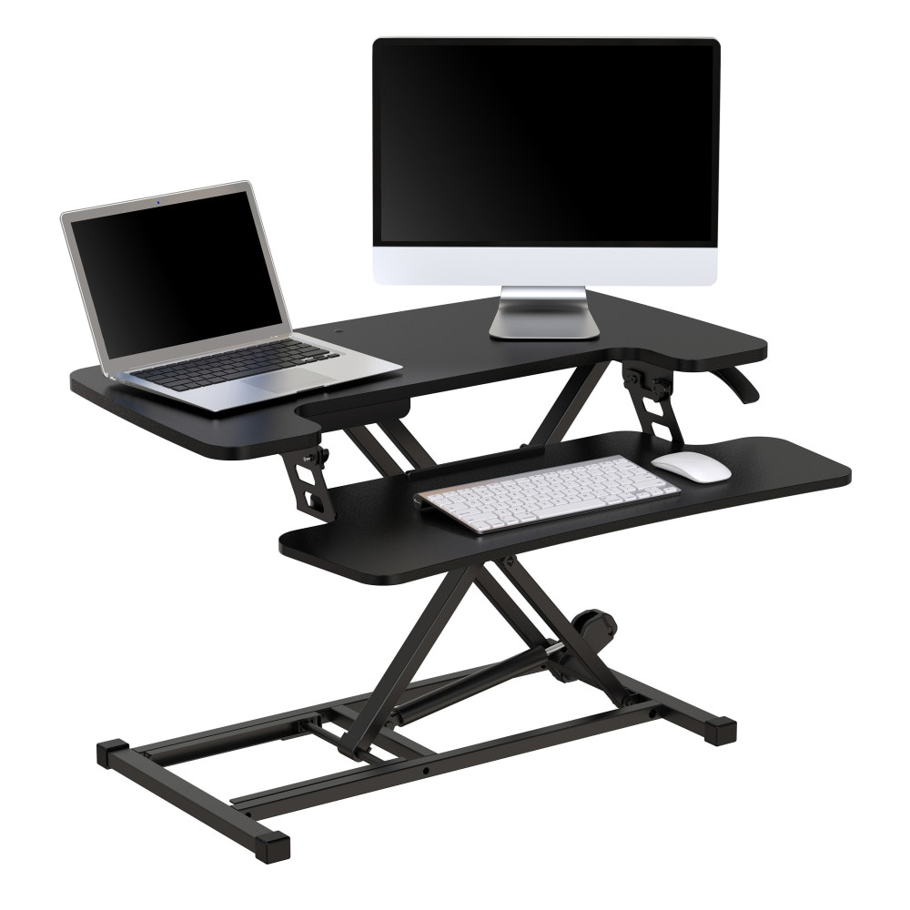 Incorporate movement as part of your daily work routine with this Realspace P10 Standing Desk Converter. With its smooth pneumatic lift-assist, the desk riser offers easy transitions from sitting to standing throughout the day, at any height point that works for you. The keyboard tray moves along with the top surface for consistent posture alignment. With its quick, quiet operation, you"ll find this desk converter ideal for any workspace.  Minimal Assembly: 1-step easy assembly to attach keyboard tray.  Pneumatic lift-assist allows you to sit or stand while you work.  Detachable keyboard tray moves up and down with the top surface.  Top surface weight capacity tested to support 33 lb.  Keyboard tray weight capacity tested to support 4.4 lb.  Surface raises up to 20in from the top of a desk or worktable.  Top surface accommodates a monitor mounting arm.  Scratch-resistant riser top and keyboard tray.  Base is equipped with soft padding to avoid scratching your desk or tabletop.  Backed by the manufacturers 5-year limited warranty.  Tested to meet ANSI/BIFMA Performance Standards - Manufacturer testing has been conducted on this product to meet specific performance requirements and safety standards set forth by the American National Standards Institute (ANSI) and the Business and Institutional Furniture Manufacturers.