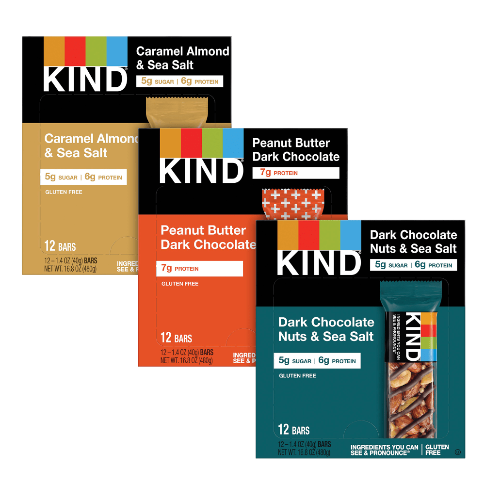 SUNSET HILL FARM 008101289416 KIND Bars Variety Pack, Dark Chocolate Nuts & Sea Salt/Peanut Butter Dark Chocolate/Caramel Almond Sea Salt, 1.4 Oz, Pack Of 36 Bars