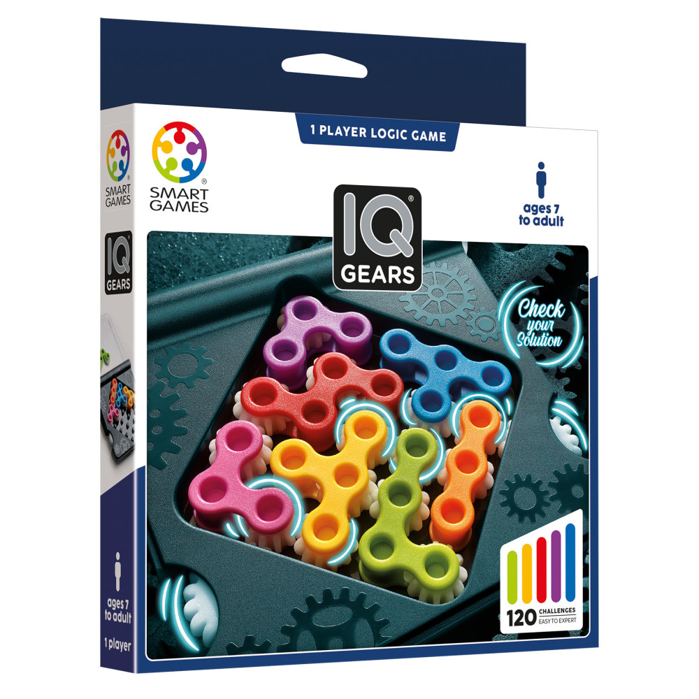 SmartGames IQ Gears is a brain-teasing game that challenges players to fit gears onto a gameboard, where the pieces connect and the large side wheels spin when the solution is correct. With 120 challenges ranging from easy to expert, this game is perfect for boosting problem-solving skills and critical thinking. Its also compact and travel-friendly, making it easy to take on the go.  Travel-friendly brain games: Fit the pieces on the board and twist the gears to check your solution  Features 120 challenges with five difficulty levels-Starter, Junior, Expert, Master, and Wizard  Suitable for ages 7 and up, with progressively harder challenges  Made with high-quality materials for long-lasting use  Portable design allows easy play anywhere, anytime