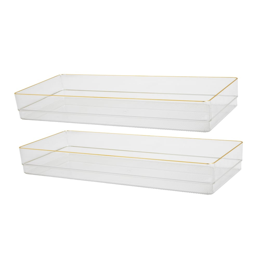 FLASH FURNITURE BEPB8972G2CGD Martha Stewart Kerry Plastic Stackable Office Desk Drawer Organizers, 2inH x 6inW x 15inD, Clear/Gold Trim, Pack Of 2 Organizers