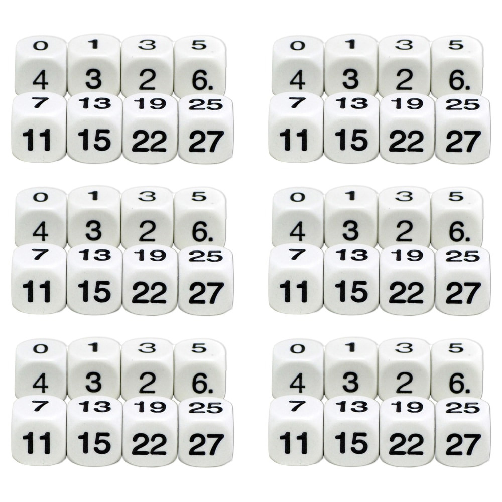 Koplow Games Math Numbers Dice Set is a fun, hands-on way for students to learn basic math skills.  Children learn more effectively when it is reinforced through play.  A fun, hands-on way for students to learn basic math skills.  Perfect for individual play, in small groups or as a classroom making these dice a great educational resource.  Dice measure 16mm (5/8in).  Each set includes 8 dice, one die each of (0-5), (5-10), (1-6), (7-12), (13-18), (19-24), (25-30), and (1-3 twice).  Sold as 6 sets for a total of 48 dice.