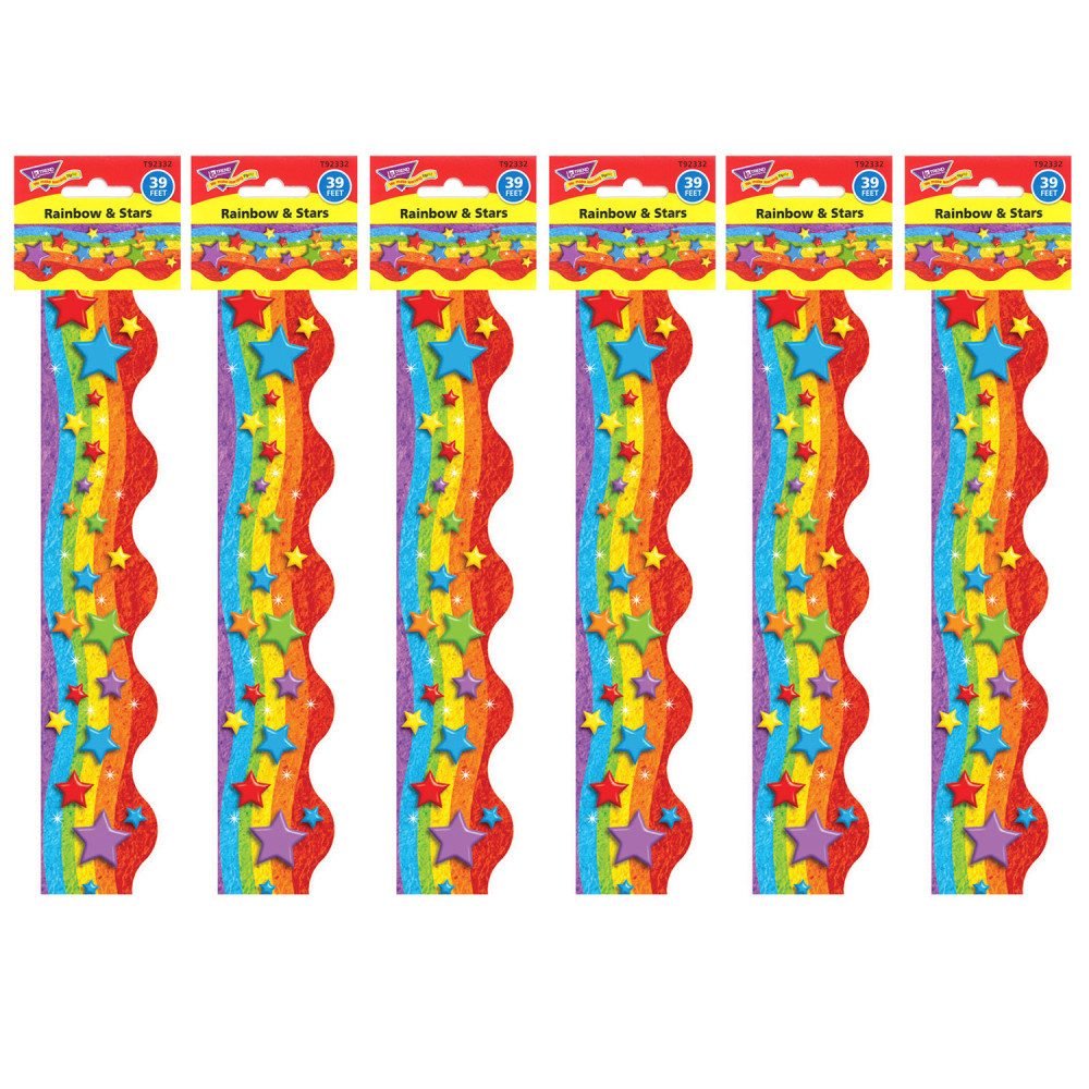 Help make each class period bright and cheerful with Terrific Trimmer borders. TREND borders allow you to create a fun, festive atmosphere for your students.  Add a decorative touch to your classroom environment.  Precut, scalloped design offers a neat appearance.  Rainbow and stars design.