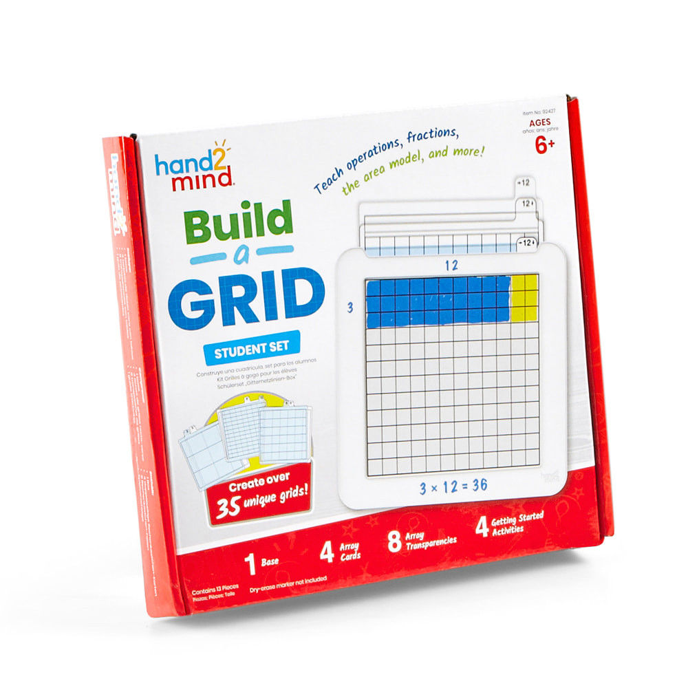 The Hand2Mind Build-A-Grid will help teach a variety of topics. This set includes 8 array transparencies, 8 double-sided array cards and an activity guide for all you need to teach graphing, operations and more.  Set includes 8 array transparencies and 8 double-sided array cards.  Simply lay the transparencies over the cards to build over 35 unique grids.  Write-on/wipe-off border allows teachers and students to model their problem-solving techniques.  Includes a Getting Started Activity Guide.  Set of 4 student grids.