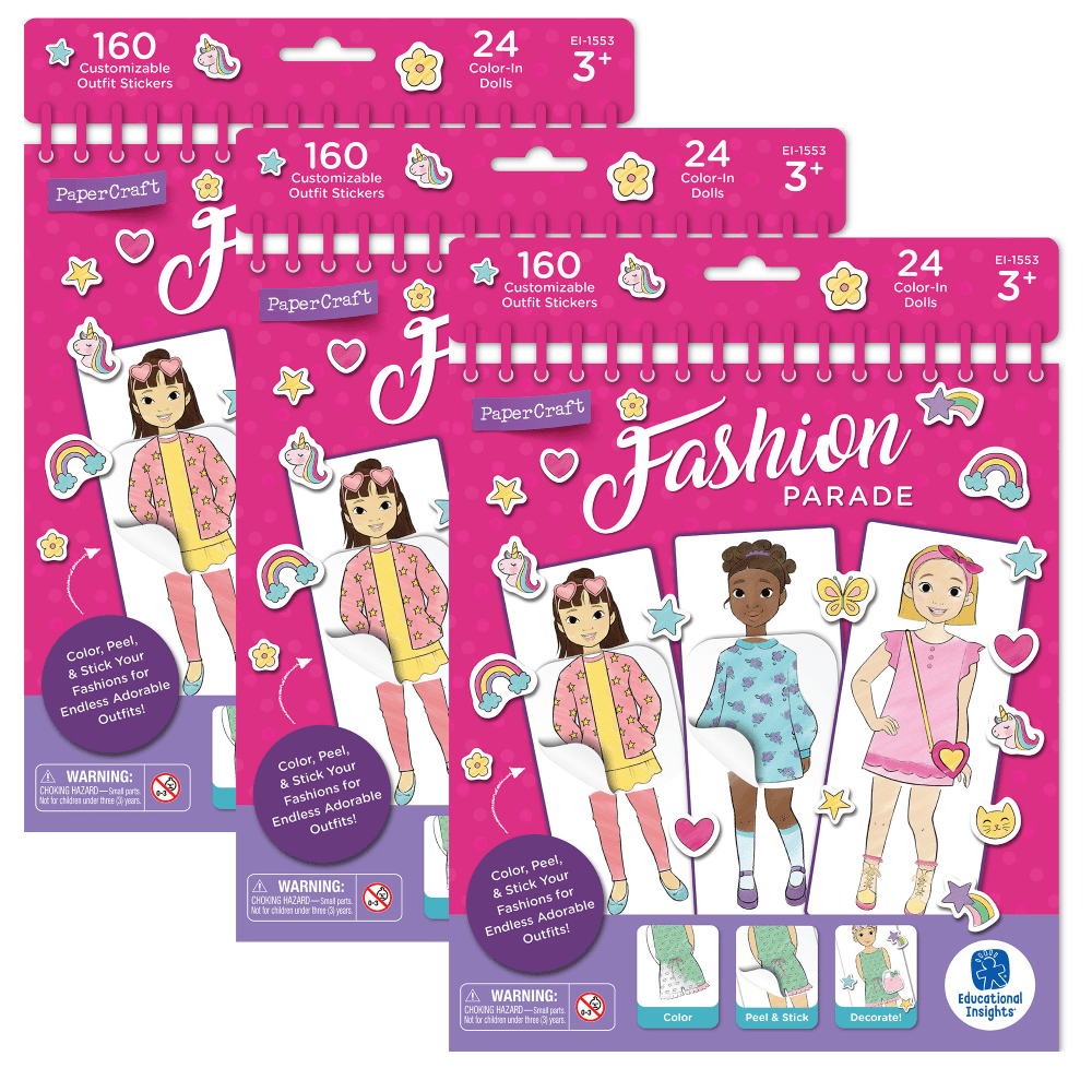 Create a doll of your own with the Educational Insights PaperCraft Fashion Parade Paper Dolls Set. Each set comes with customizable dolls and outfit stickers, and they're all kept in a spiral-bound book for security.  Spiral-bound book keeps contents secure.  Includes 24 dolls and 160 outfit stickers per set.
