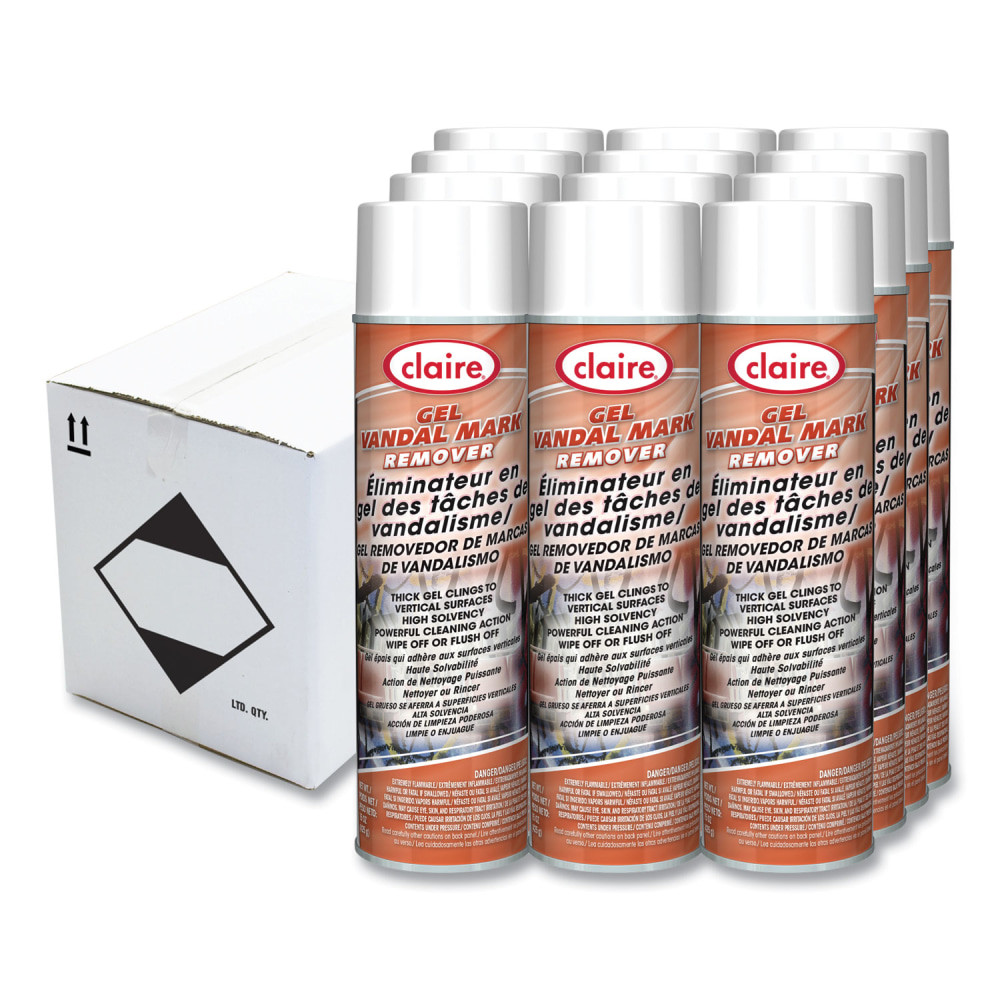Easy-to-use aerosol spray removes vandal marks from lockers, trash bins, street signs, commercial vehicles, public restrooms, railroad cars and brick walls. Effectively removes crayon, ink, spray painting, waxes, tape marks, scuff marks and lipstick.  Removes crayon, lipstick, spray paint.  Thick gel formula clings to vertical surfaces.  Powerful cleaning action.  Wipe off or flush off.