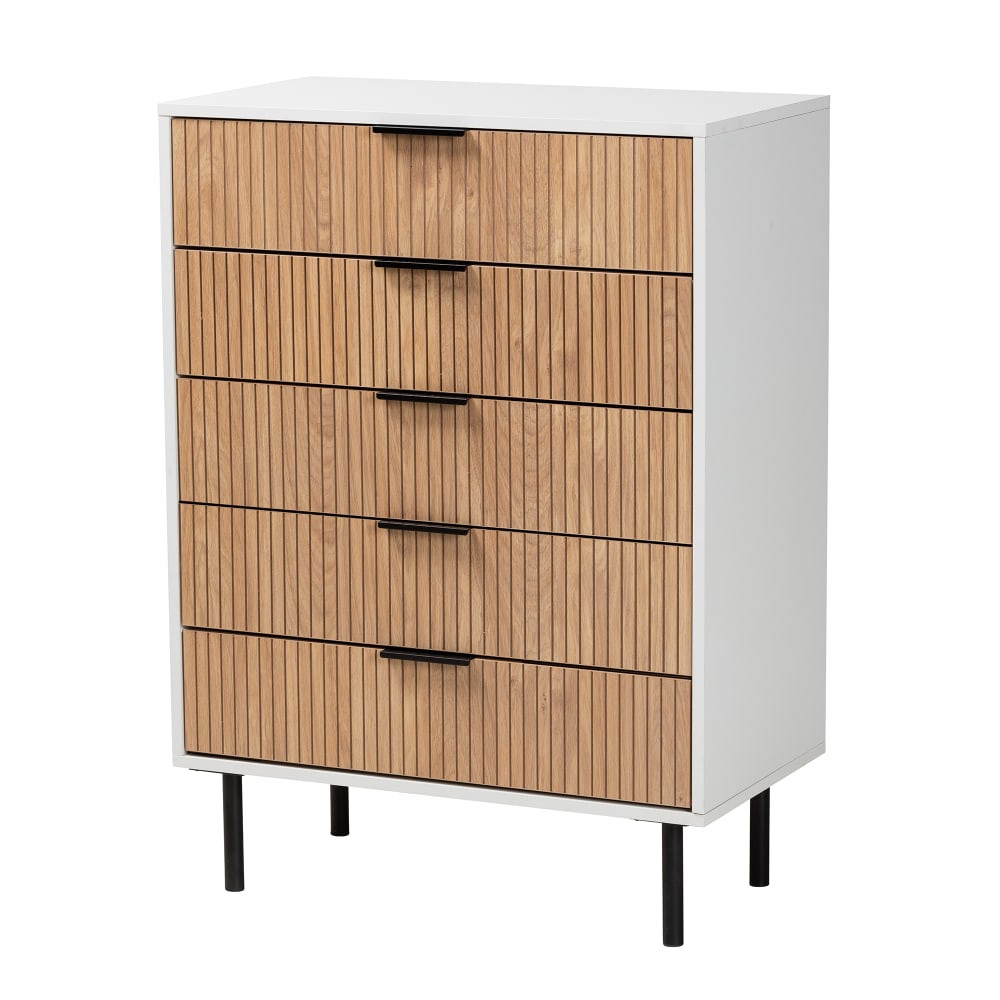 WHOLESALE INTERIORS, INC. 2721-12476 Baxton Studio Karima 28-5/16inW Mid-Century Modern 2-Tone Metal 5-Drawer Storage Cabinet, White/Natural Brown/Black