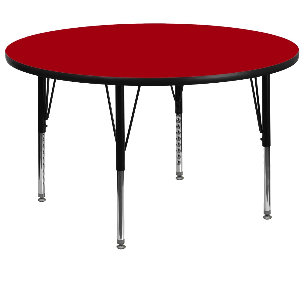 Give your students plenty of room to spread out and work on projects together with the Flash Furniture 60in Round Thermal Laminate Activity Table. The short, height-adjustable legs accommodate young children of a variety of ages to suit daycare centers, classrooms and playrooms alike, and the durable worksurface is made to withstand the everyday wear and tear. From hands-on projects that inspire to group brainstorm sessions that promote critical thinking, this adjustable activity table can be the centerpiece of your learning center.  Powder-coat upper legs and chrome lower legs are made with tubular steel.  Thermally fused laminate tabletop with a protective edge band is scratch and stain resistant.  Legs adjust in 1in increments.  Self-leveling nylon floor glides.  Seats up to 8 children.  Recommended for preschool to 2nd grade.  This product is heavy and/or oversized and may need more than one person to handle.