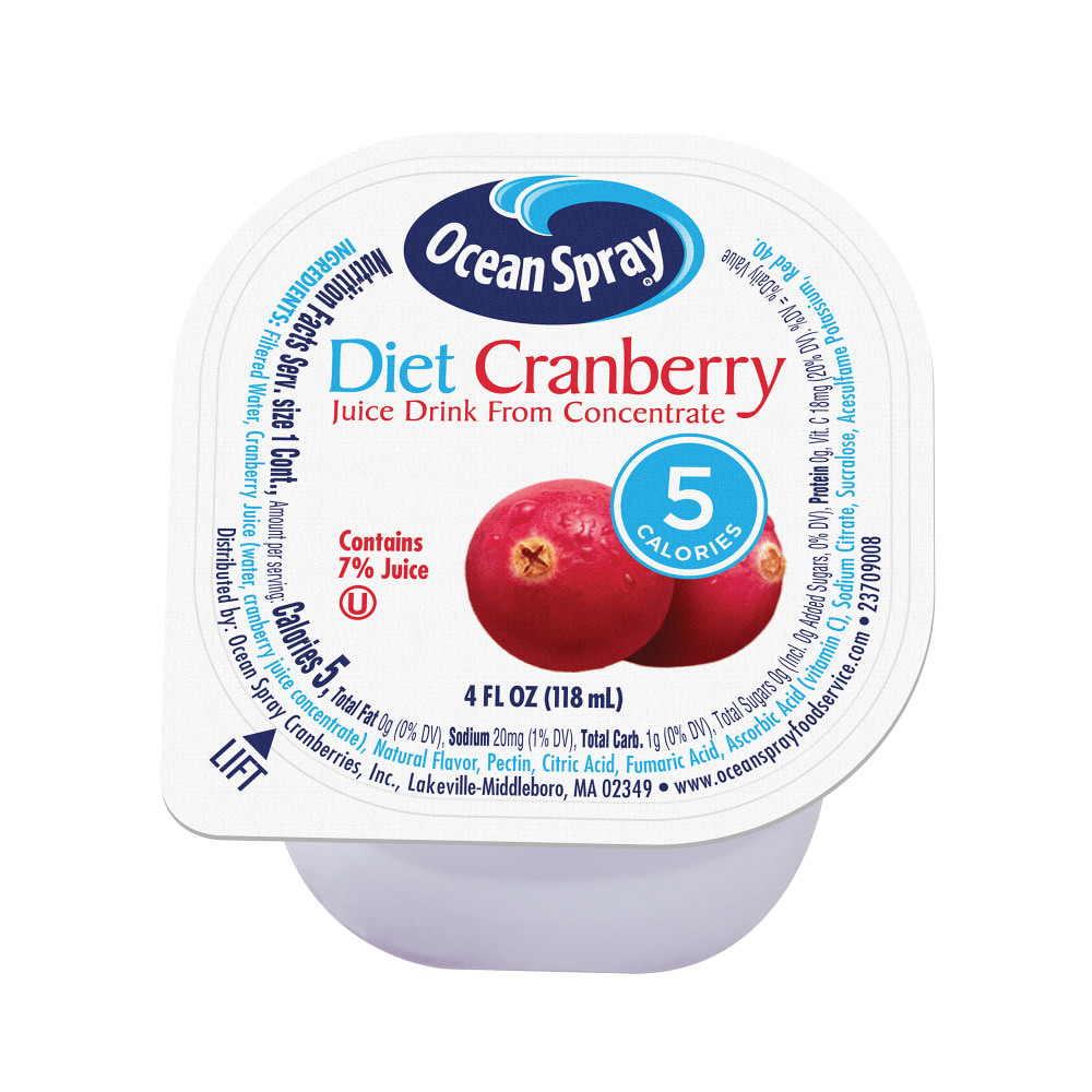 Enjoy the sweet taste of Ocean Spray Diet Cranberry Juice on the go. Single-serve hassia cups chill quickly for immediate refreshment.  Made with 100% North American cranberries.  Packed with Vitamin C and antioxidants.  Single-serve hassia cups are quick and easy to chill.  No added sugar, no artificial flavors and no preservatives.