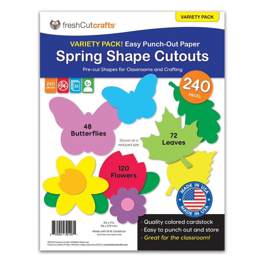 Use the shapes for exciting and visual lessons, crafting, posters, decoration, and more! All shapes are pre-cut so they can be safely punched out by hand - no parental oversight required.  Get 228 easy punch-out 2-sided shapes in assorted bright colors on fade-proof quality cardstock.  Sheets are organized by shape, size, and color, making it easy to find the right shapes as you need them.  Shapes stay in the sheet until gently punched out. Neat and tidy.  Made of sturdy, high-quality cardstock that holds easy punch-out shapes in assorted bright colors.  Our products are NOT printed, NOT construction paper, NOT foam shapes!  This pack includes 72 Leaves in Spring colors, 120 multicolor Flowers with green leaves and stems, and 48 colorful Butterflies in blue, pink, purple, yellow and green for endless imaginative options.