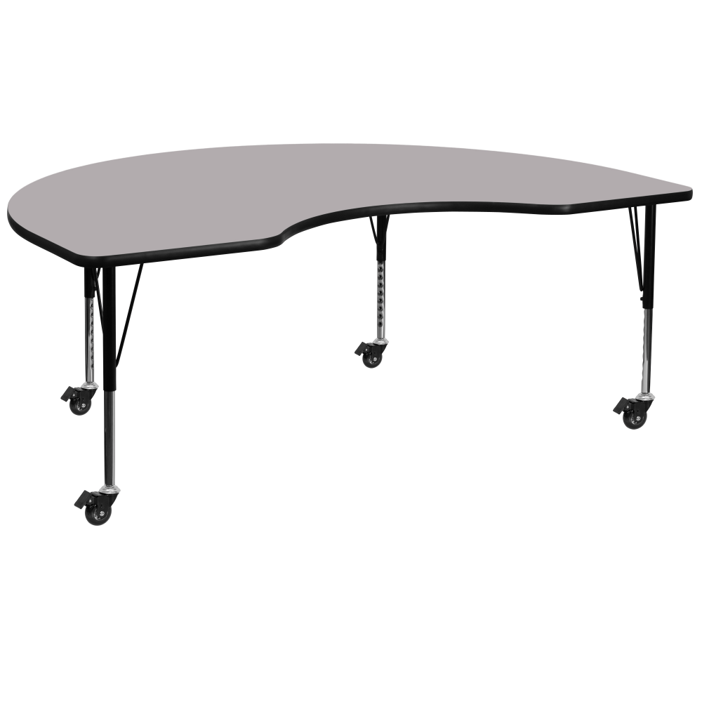 The Flash Furniture Mobile Height Adjustable Thermal Laminate Kidney Activity Table is ideal for group learning settings. This kidney-shaped table features tubular steel legs that can be adjusted in 1in increments. The scratch- and stain-resistant laminate surface has a protective edge band for added durability.  Tubular 16-gauge steel legs can be adjusted in 1in increments.  Powder-coated upper legs and chrome lower legs offer stability.  Scratch- and stain-resistant surface provides durable protection.  Boasts a 1-1/8in thick thermal-fused laminate top for sturdiness.  Protective edge band.  Locking casters offer a secure hold.  Can accommodate up to 8 children.  Backed by the manufacturers 15-year limited warranty.  This product is heavy and/or oversized and may need more than one person to handle.