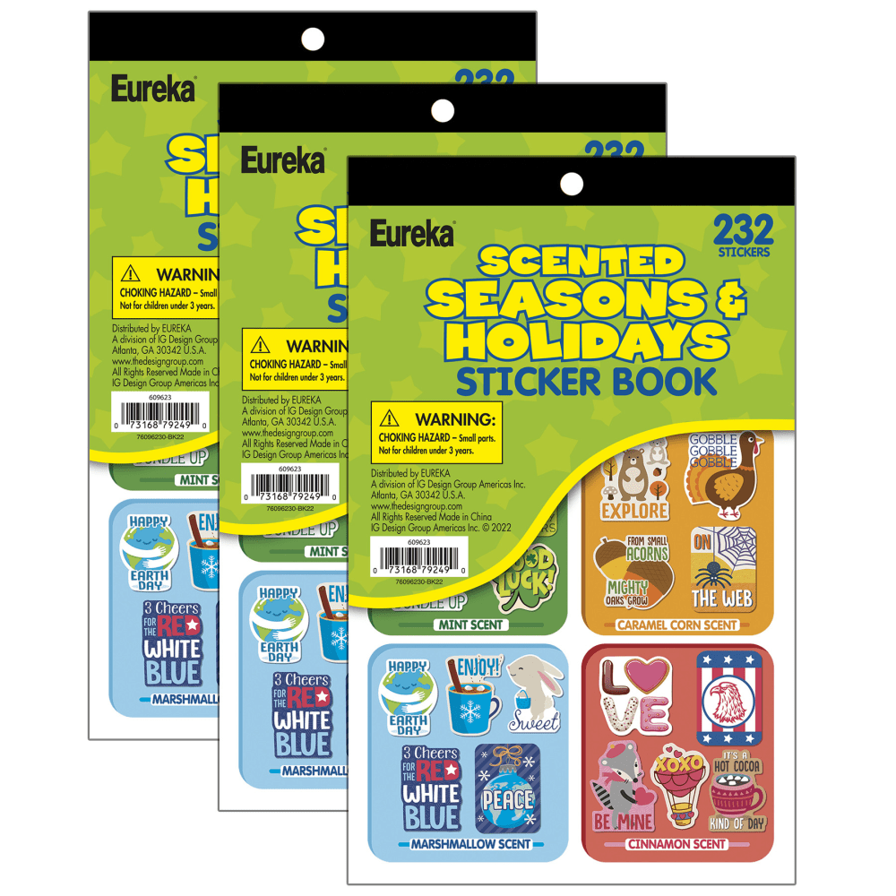 EDUCATORS RESOURCE EU-609623-3 Eureka Scented Sticker Books, Medium, Seasons & Holidays, 232 Stickers Per Book, Bundle Of 3 Books