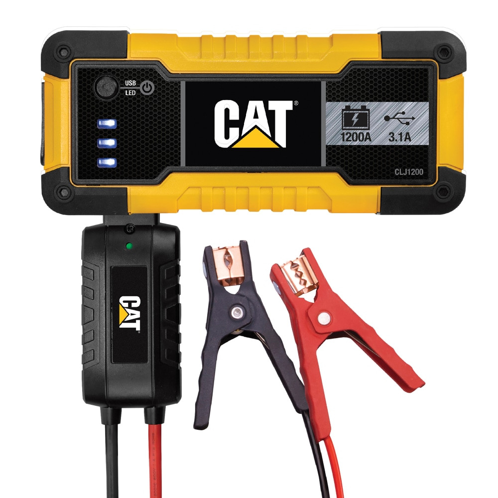 The CAT 1,200-Peak Amp Li-Ion Jump Starter is ideal to keep in your car. It can jump-start most vehicles on the road with detachable smart jumper cables. They can also rapidly charge your compatible smartphones and electronics.  Delivers 1,200 amps peak, enough to jump-start most vehicles including V8 cars and trucks.  Works as a power bank with 1 USB Type-A port and 1 quick-charging USB Type-C port (total 3.1 amps).  Easy-to-use, detachable smart cables.  Reverse polarity alarm alerts when there is an improper connection to battery.  Ultra bright LED helps illuminate work in dark areas.  Has a 3-bar battery display to show status.  Includes 2-amp AC adapter, 5-volt 2-amp DC adapter, USB-A to USB-A charging cable and smart jumper cables.  Backed by the manufacturers 1-year limited warranty.  ETL/Intertek listed.