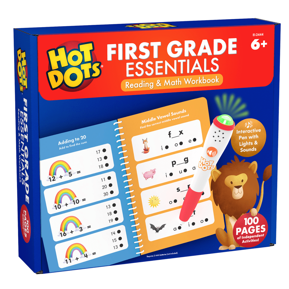 Hot Dots First Grade Workbook offers a fun and interactive way for kids to build foundational reading and math skills. This set includes a spiral-bound workbook with 100 activities, complemented by an interactive Hot Dots pen that provides instant feedback with light and sound effects. Designed for independent learning, kids can practice skills like addition, subtraction, and vowel sounds at their own pace, anytime and anywhere.  Includes 50 double-sided activity pages with 100 activities for comprehensive learning  Interactive Hot Dots pen provides instant audio and visual feedback  Lessons cover key 1st-grade skills, including letter and vowel sounds, addition, subtraction, and more  Pen lights up green for correct answers and red for incorrect answers  Sounds can be muted for quiet learning sessions  Ideal for self-paced, independent learning at home or on-the-go  Perfect for supporting classroom learning and building academic confidence