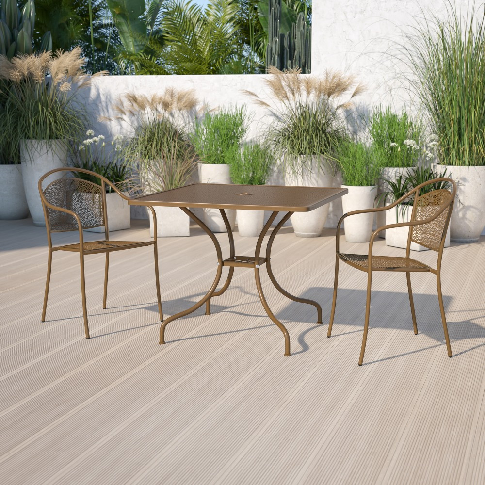 FLASH FURNITURE CO6GD  Oia Commercial Grade 35-1/2in Square Indoor-Outdoor Steel Patio Table With Umbrella Hole, 28-3/4inH x 35-1/2inW x 35-1/2inD, Gold