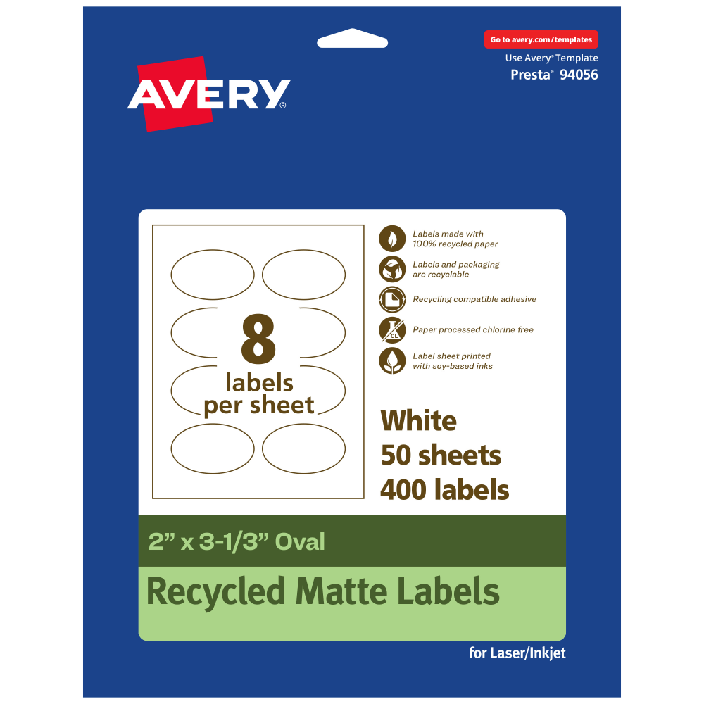 AVERY PRODUCTS CORPORATION 94056-EWMP50 Avery Recycled Paper Labels, 94056-EWMP50, Oval, 2in x 3-1/3in, White, Pack Of 400