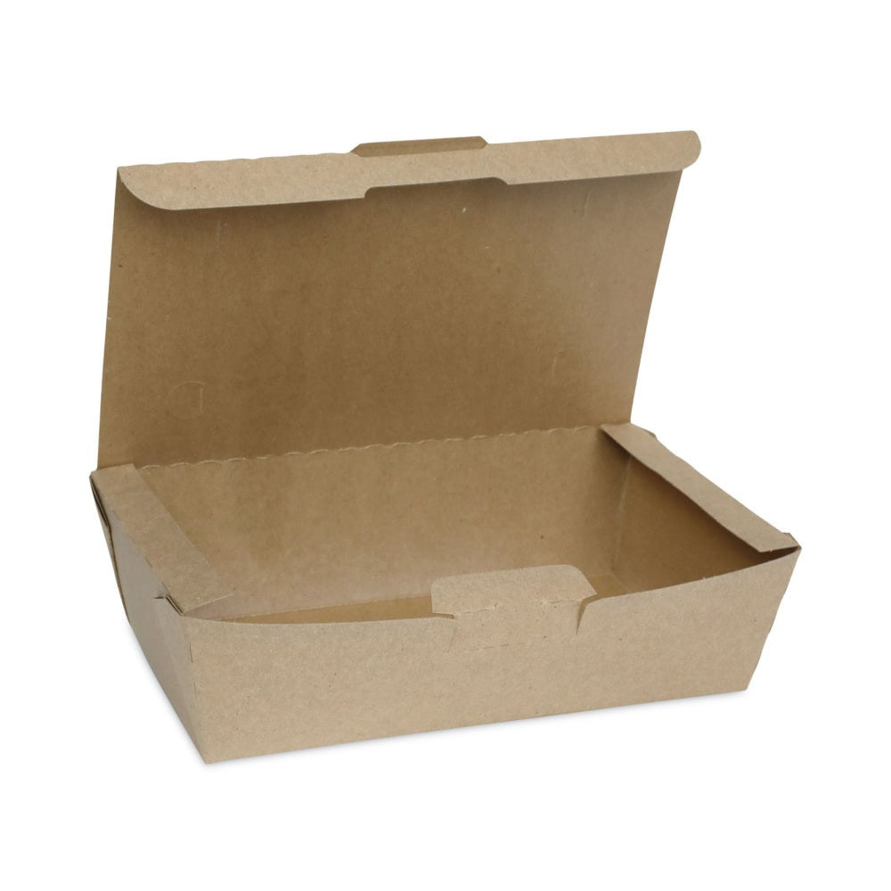 Make sure food safely reaches your customers with the Pactiv Evergreen EarthChoice Tamper Evident OneBox Paper Boxes. These boxes feature tamper-evident closures to help maintain food quality and safety, and they're leak-resistant as well, ensuring food remains inside the box.  SmartVents help keep items crispy and crunchy.  Tamper-evident closures maintain food quality and safety.  Leak-resistant coating helps prevent messes.  Perforated tear-away lids for easy access.  Pre-assembled for convenience.  Microwave safe.  Freezer safe.